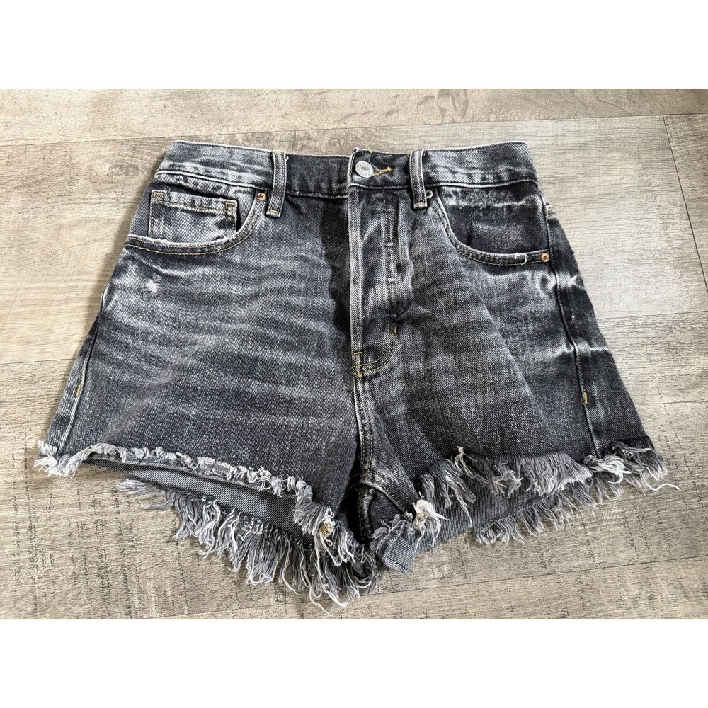PacSun Black Distressed Denim Shorts Sz 26 High Waisted Frayed Grunge Acid Wash